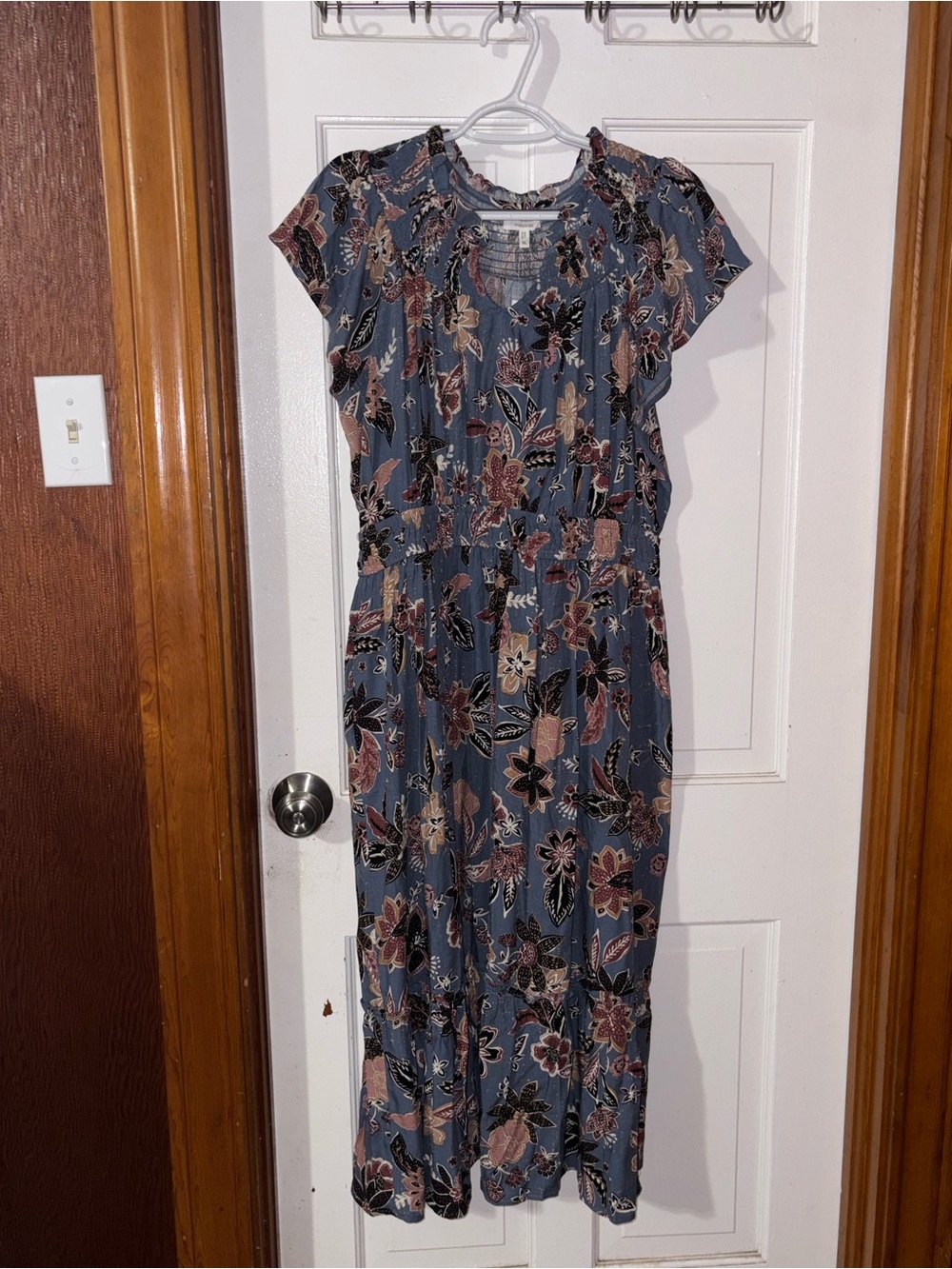 Maurices Blue Floral Midi Dress with Pink and Cream Accents